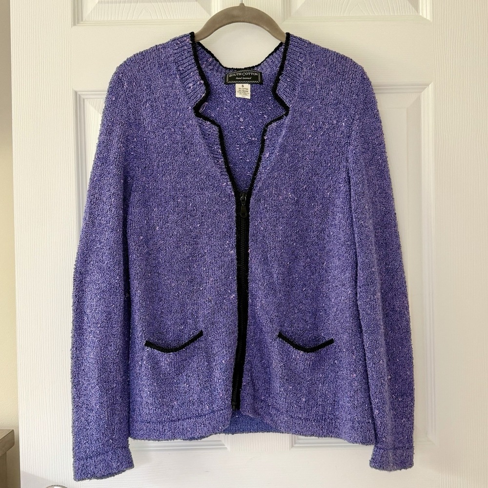 Handmade Lady Jacket Knit Cardigan Sweater Small Purple Artsy Lagenlook Full Zip